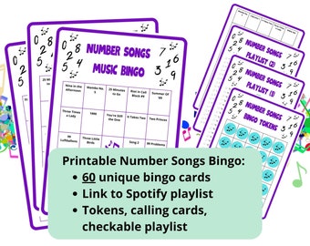 Bingo de números - 60 cartões de bingo de música - jogo de música - bingo de playlist do Spotify - bingo de músicas de matemática - música dos anos 60, 70, 80, 90 e 00 - bingo musical
