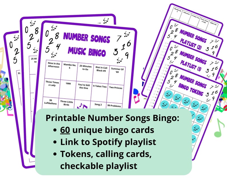 60 Number Songs Music Bingo cards - music bingo -  music game including Spotify playlist - number music bingo - 50s 60s 70s 80s 90s 00s music - printable game - songs of the decade - numbers bingo - numbers music - homeschool activity - family night