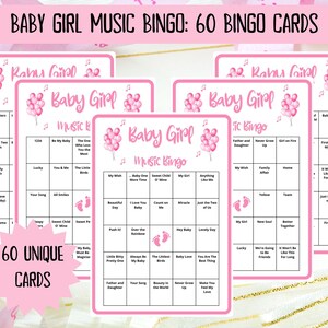 60 Baby Girl Music Bingo cards - music bingo - baby shower bingo - virtual baby games - girl baby shower - baby shower music - Spotify bingo - music playlist bingo -fun baby shower game - virtual baby games - baby shower activity - gender reveal game