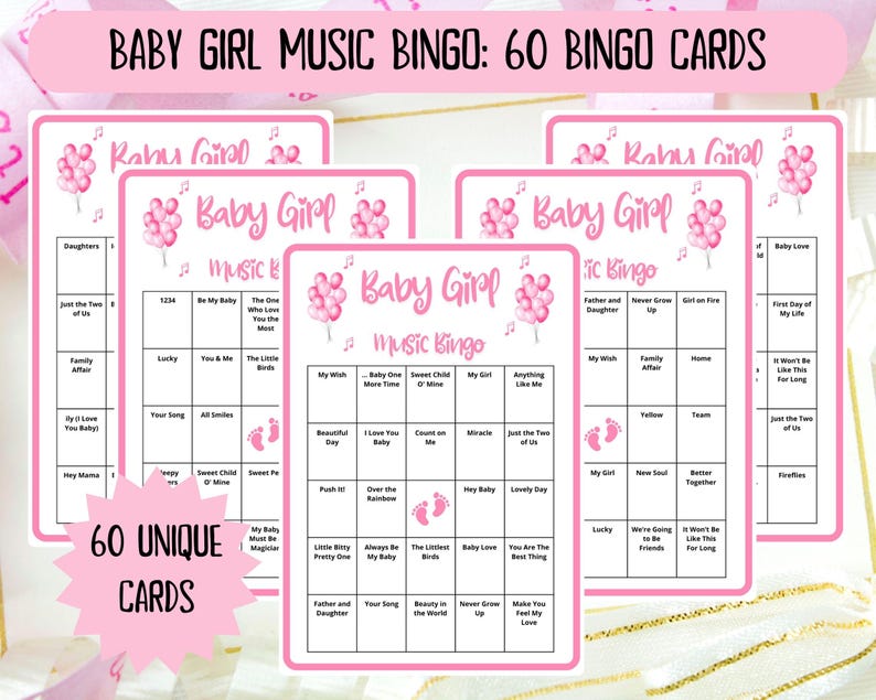 60 Baby Girl Music Bingo cards - music bingo - baby shower bingo - virtual baby games - girl baby shower - baby shower music - Spotify bingo - music playlist bingo -fun baby shower game - virtual baby games - baby shower activity - gender reveal game