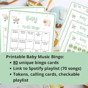 80 babymuziekbingokaarten - muziekbingo - babyshowerbingo - virtuele babyshower - babybingo - babytriviaspel - incl. Spotify-afspeellijst