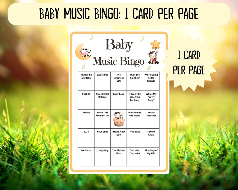 100 Baby Music Bingo cards - musical bingo - baby shower bingo - virtual baby shower - baby girl bingo - baby boy bingo - Spotify playlist - baby sprinkle bingo - cowboy western baby shower activity - baby family feud - baby songs bingo - jeopardy