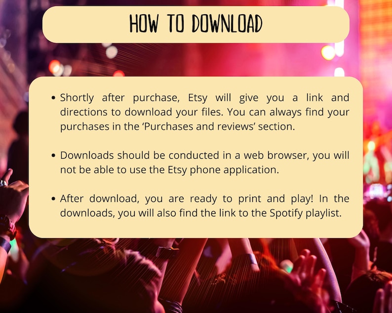 Party Music Bingo - 100 cards - musical party bingo - dance bingo - team building games - fun icebreaker - Spotify playlist bingo game - dance bingo - dance mode bingo - bingo dancing- team build - music bingo game -  musical bingo - last disco party