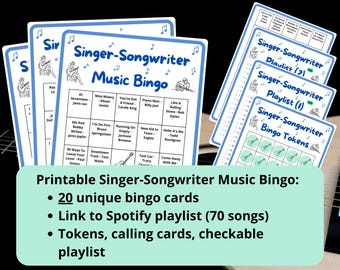 20 tarjetas de bingo musical de cantautores - bingo musical - música de los años 70, 80, 90, 00 y 10 - juegos de música - incluye lista de reproducción de Spotify - bingo de canciones