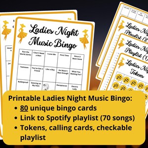 Può includere: Gioco di bingo musicale per la serata delle ragazze stampabile con 80 schede di bingo uniche, un link a una playlist Spotify con 70 canzoni, gettoni, carte di chiamata e una playlist verificabile.