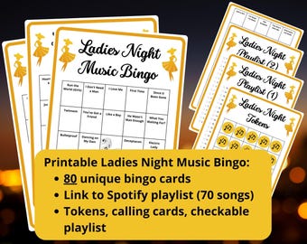 Bingo musical para la noche de las damas - 80 cartones de bingo - juego de bingo para la noche de las damas - bingo para la noche de las chicas - lista de reproducción de Spotify - juegos de despedida de soltera - empoderamiento de las mujeres