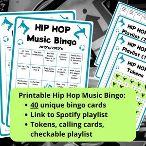 40 Hip Hop Music Bingo cards - music bingo game incl Spotify playlist - 2010s 2020s hip hop music  - team building game - family game night