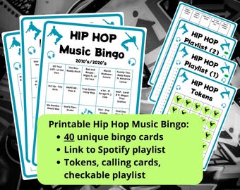 40 Hip Hop Music Bingo cards - music bingo game incl Spotify playlist - 2010s 2020s hip hop music  - team building game - family game night