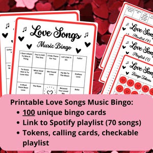 Bingo musical avec chansons d'amour - 100 cartes de bingo - bingo avec chansons d'amour - bingo musical - bingo avec liste de lecture Spotify - bingo romantique amoureux de la Saint-Valentin