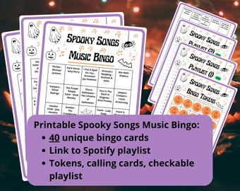 40 tarjetas de bingo musical con canciones espeluznantes - Bingo de Halloween - Bingo con listas de reproducción de música - Bingo de recorrido por los pubs - Incluye lista de reproducción de Spotify - Juego de música de Halloween