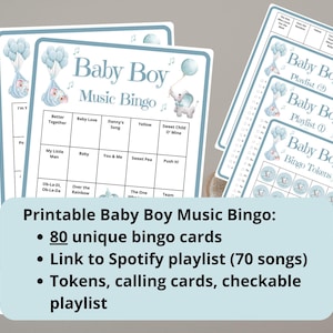 80 muziekbingokaarten babyjongen - babyshowerbingo - muziekbingo - virtuele babyspellen - babyshower jongens - babybingo - incl Spotify-afspeellijst