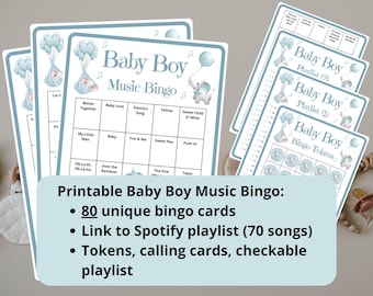 80 Baby Boy Music Bingo cards - baby shower bingo - music bingo - virtual baby games - boy baby shower - baby bingo - incl Spotify playlist