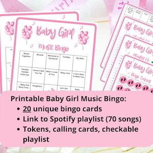 20 tarjetas de bingo musical para niñas - bingo musical - divertido juego de baby shower - juego de revelación de género - bingo para bebés - música para baby shower - lista de reproducción de Spotify