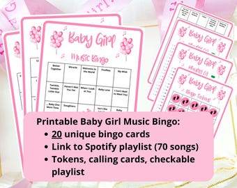 20 kart Baby Girl Music Bingo - muzyczne bingo - zabawna gra na baby shower - gra ujawniająca płeć dziecka - baby bingo - muzyka na baby shower - lista odtwarzania Spotify