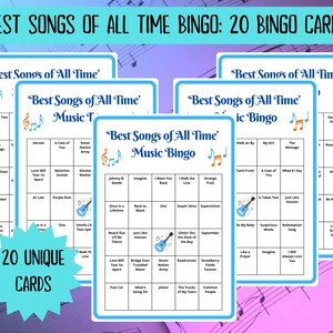 20 Best Songs of All Time Music Bingo cards - musical bingo - 50s 60s 70s 80s 90s 00s 10s music - team building games - Spotify playlist - family reunion bingo - sing-a-long - songs of the decade - boom box - bingo game - bar games - coworker bingo