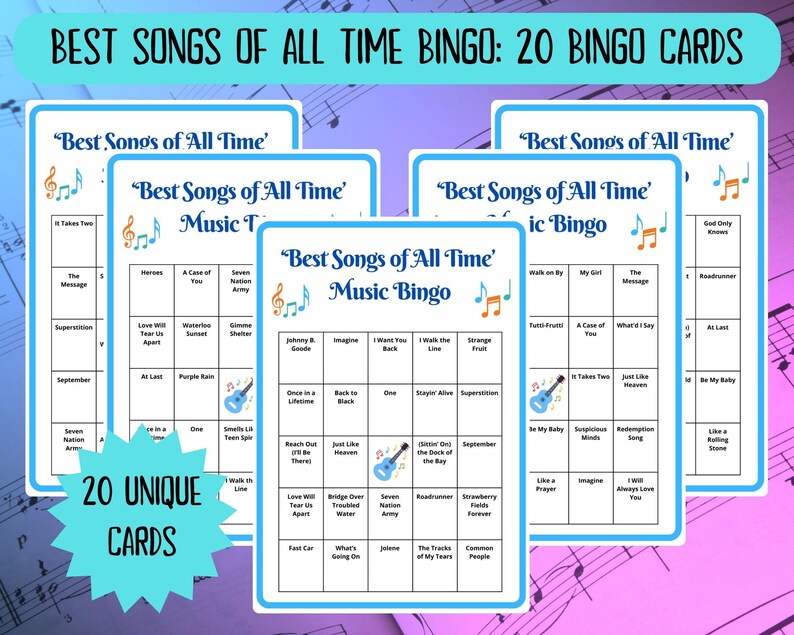 20 Best Songs of All Time Music Bingo cards - musical bingo - 50s 60s 70s 80s 90s 00s 10s music - team building games - Spotify playlist - family reunion bingo - sing-a-long - songs of the decade - boom box - bingo game - bar games - coworker bingo