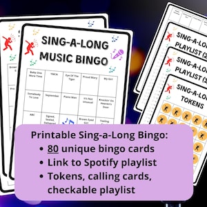 80 Sing-a-Long muziekbingokaarten - muziekbingo - afdrukbare meezingmuziekgames - party 70, 80 en 90, inclusief Spotify-afspeellijst