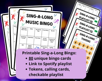 80 Sing-a-Long Music Bingo cards - music bingo - printable sing-a-long music games - 70's, 80's, and 90's party - including Spotify playlist