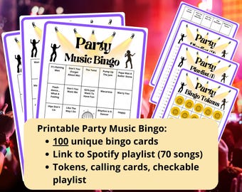 Party Music Bingo - 100 cards - musical party bingo - dance bingo - team building games - fun icebreaker - Spotify playlist bingo game