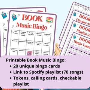 Bingo musical de libros: 20 cartones de bingo, juegos de clubes de lectura, juegos de lectura grupales, clubes de lectura de bibliotecas, amantes de los libros, reuniones de clubes de lectura, listas de reproducción