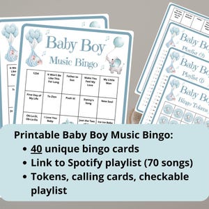 40 Baby Boy Music Bingo cards - boy baby shower bingo - musical bingo - virtual baby shower games - baby music bingo - incl Spotify playlist
