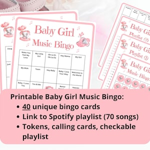 Bingo voor babymuziek - 40 bingokaarten - bingospel babyshower meisjes - spellen om geslacht te onthullen - activiteit roze babyshower - Spotify-bingo met afspeellijst