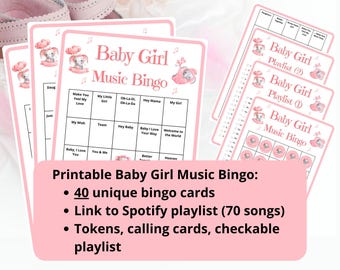 Baby Music Bingo - 40 kart bingo - gra bingo na baby shower dla dziewczynek - gry ujawniające płeć dziecka - różowa aktywność na baby shower - bingo z playlisty Spotify
