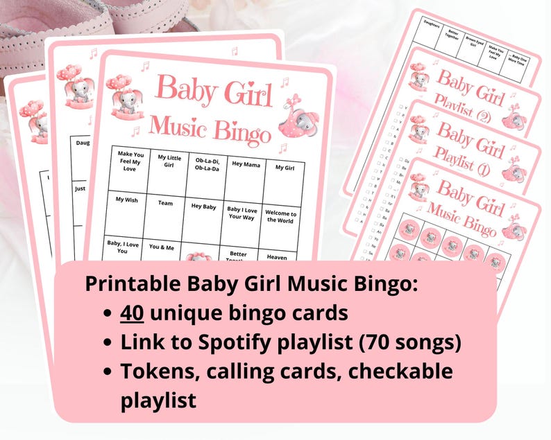40 Baby Girl Music Bingo cards - music bingo - baby shower bingo - virtual baby games - baby trivia - baby shower jeopardy - Spotify playlist - musical bingo - girl baby shower - virtual baby shower - baby shower activity - gender reveal games pink