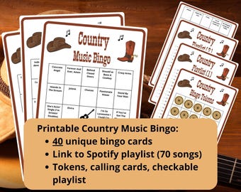 Country Music Bingo - 40 bingo cards - musical western bingo - Spotify playlist bingo - country songs bingo - honky tonk - musical games