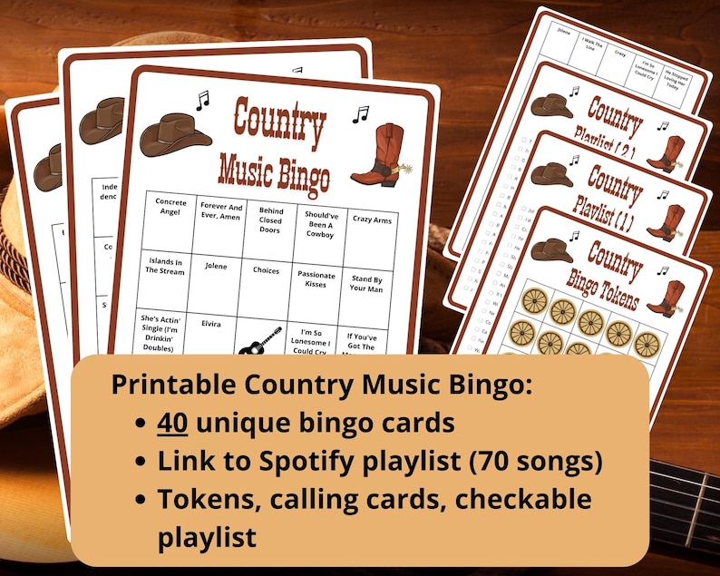 Country Music Bingo - 40 bingo cards - musical games - musical bingo - western bingo - Spotify playlist bingo - country bingo - music games - country gaming - western gaming - country music - honky tonk - george strait - musical games - countrysongs