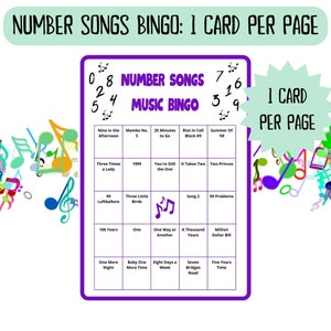 60 Number Songs Music Bingo cards - music bingo -  music game including Spotify playlist - number music bingo - 50s 60s 70s 80s 90s 00s music - printable game - songs of the decade - numbers bingo - numbers music - homeschool activity - family night