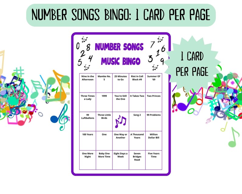 60 Number Songs Music Bingo cards - music bingo -  music game including Spotify playlist - number music bingo - 50s 60s 70s 80s 90s 00s music - printable game - songs of the decade - numbers bingo - numbers music - homeschool activity - family night
