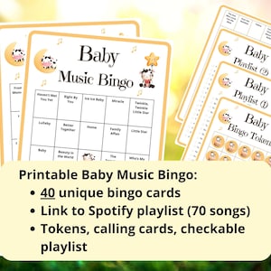 40 Baby Music Bingo cards - musical baby bingo - baby shower bingo - fun baby shower game - virtual baby games - incl Spotify playlist