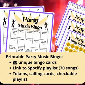 Party Music Bingo - 80 cartelas de bingo - bingo de festa musical - jogos de música dos anos 70, 80 e 90 - bingo de playlist do Spotify - bingo de discoteca - bingo de modo dança