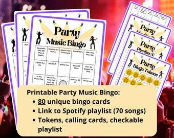 Bingo musical para fiestas: 80 cartones de bingo, bingo musical para fiestas, juegos musicales de los años 70, 80 y 90, bingo con listas de reproducción de Spotify, bingo disco y bingo en modo baile