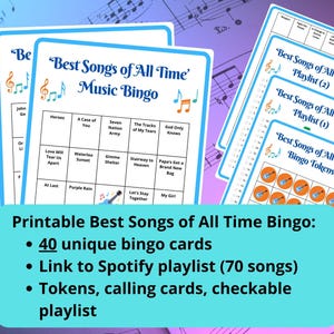 Las 40 mejores canciones de todos los tiempos Tarjetas de bingo musical - bingo musical - música de los años 50, 60, 70, 80, 90 y 1990 - juegos de música - juego de lista de reproducción de Spotify