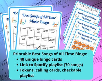 Printable Music Bingo - 40 cards with Spotify playlist including music from the 50's 60's 70's 80's 90's and 00's, tokens & calling cards