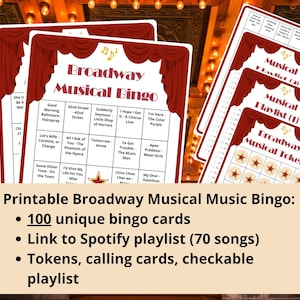 100 tarjetas de bingo de música de musicales de Broadway - bingo musical - bingo musical imprimible - lista de reproducción de Spotify - bingo de reunión familiar - musicales de Broadway
