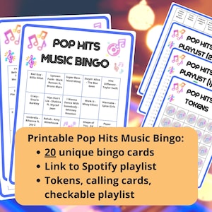 20 tarjetas de bingo musical de éxitos del pop - bingo musical - música de los años 70, 80, 90, 00 y 10 - juegos de música - incluye lista de reproducción de Spotify - canciones pop