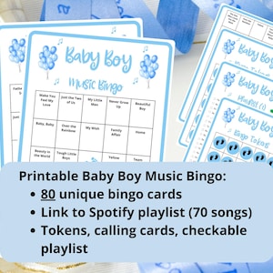 Baby Boy Music Bingo - 80 baby shower bingo cards - virtual baby shower game - boy baby shower - baby shower activity - Spotify playlist