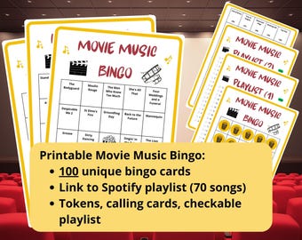 100 filmmusikbingokort - musikbingo - filmbingo - Spotify-spellista - filmkväll - filmquiz - teambuilding-spel - kollega