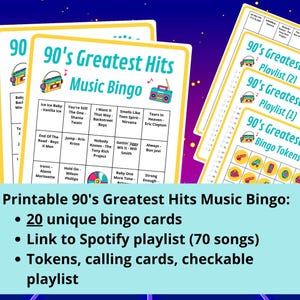 Bingo musical des années 90 - 20 cartes de bingo musical - Bingo musical - Musique des années 90 - Jeux musicaux - Bingo avec liste de lecture Spotify - Bingo avec les meilleures chansons de retour