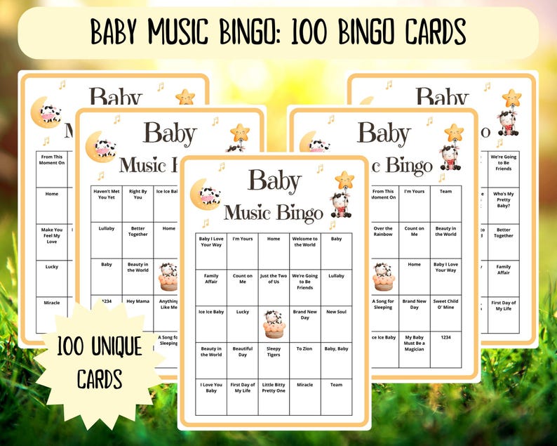 100 Baby Music Bingo cards - musical bingo - baby shower bingo - virtual baby shower - baby girl bingo - baby boy bingo - Spotify playlist - baby sprinkle bingo - cowboy western baby shower activity - baby family feud - baby songs bingo - jeopardy