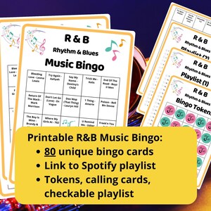 R&B Music Bingo - 80 cards - Rhythm and Blues bingo - musical bingo - class reunion bingo - fun icebreaker game - RnB Spotify playlist bingo