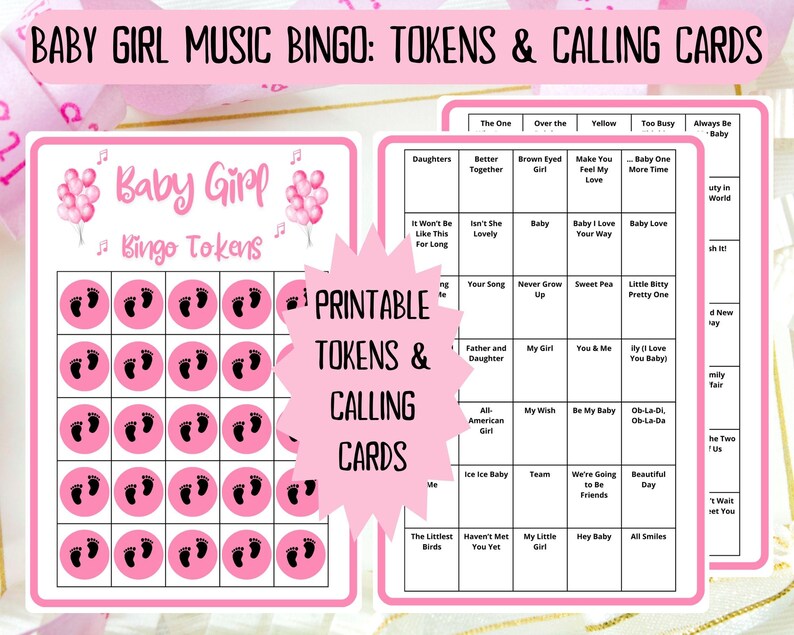 60 Baby Girl Music Bingo cards - music bingo - baby shower bingo - virtual baby games - girl baby shower - baby shower music - Spotify bingo - music playlist bingo -fun baby shower game - virtual baby games - baby shower activity - gender reveal game