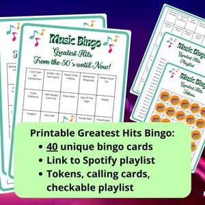 40 cartones de bingo musical de grandes éxitos - bingo musical - música de los años 50, 60, 70, 80, 90 y cero - juegos de música - incluida la lista de reproducción de Spotify