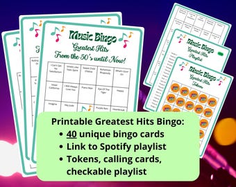 40 Greatest Hits Music Bingo cards - music bingo - 50's 60's 70's music 80's 90's and zero's  - music games - including Spotify playlist