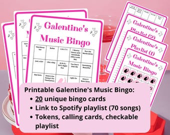 20 cartões de bingo musical de Galentine - jogos noturnos para meninas - bingo de Galentine - atividade de Galentine - jogo de lista de reprodução do Spotify - jogo de bingo musical
