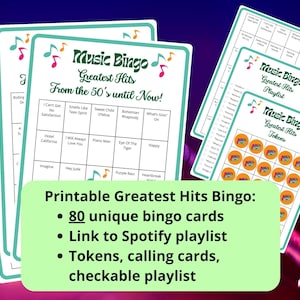 Greatest Hits Music Bingo - 80 cartelas de bingo - jogo de bingo musical - anos 60, 70, 80, 90 e 00 - jogos de formação de equipes - bingo de playlist do Spotify