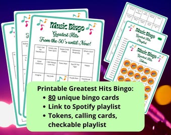 Greatest Hits Music Bingo - 80 bingo cards - musical bingo game - 60's 70's 80's 90's 00's - team building games - singo bingo - playlist